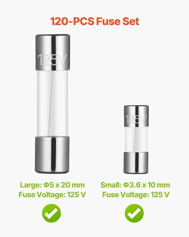 VEVOR Fast-Blow Glass Fuses Assortment Kit, 120 Pcs 125 Volt, 5 x 20 mm 1A 2A 3A 4A 5A 8A 10A, 3.6 x 10 mm 2.5A 3A 5A Tube Fuses, Suitable for Electrical Boxes, LED Strips, Electronics, Appliances in Saudi Arabia