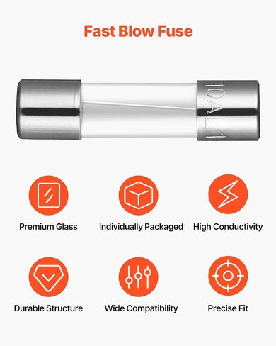 VEVOR Fast-Blow Glass Fuses Assortment Kit, 120 Pcs 125 Volt, 5 x 20 mm 1A 2A 3A 4A 5A 8A 10A, 3.6 x 10 mm 2.5A 3A 5A Tube Fuses, Suitable for Electrical Boxes, LED Strips, Electronics, Appliances in Saudi Arabia