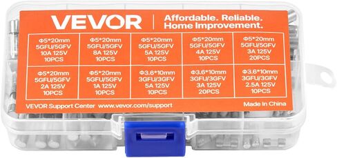 VEVOR Fast-Blow Glass Fuses Assortment Kit, 120 Pcs 125 Volt, 5 x 20 mm 1A 2A 3A 4A 5A 8A 10A, 3.6 x 10 mm 2.5A 3A 5A Tube Fuses, Suitable for Electrical Boxes, LED Strips, Electronics, Appliances in Saudi Arabia