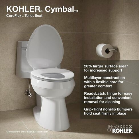 KOHLER 57777-WCF-0 Cymbal ReadyLatch Quiet-Close Soft Close Toilet Seat Elongated, Flexible CoreFlex Material, Wider Toilet Seat Surface, Home Essentials, White in Saudi Arabia
