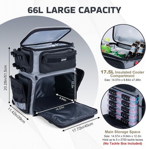 Goture Fishing Backpack with Cooler, 66L 600D Tackle Backpack with 3 Rod Holders, EVA Cover, Helmet Holder, Rain Cover, Saltwater Large Fishing Bag for Camping Hiking, Gear Storage Bag, Gifts for Men in Saudi Arabia