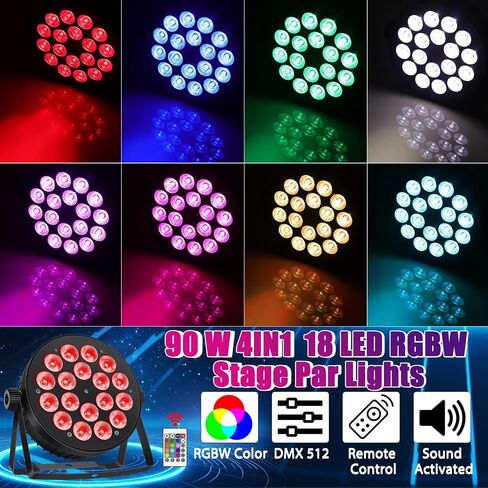 18 LED PAR Lights ، 90W RGBW 4IN1 LED Stage Par Can Light Sound Activated Auto Play بواسطة Remote & DMX Control for Events حفل زفاف DJ Live Show 4 Pack in Kuwait