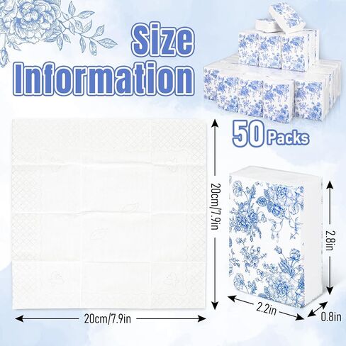 50 Bulk Blue Floral Tissue Packs Vintage Flower Mini Travel Size Facial Tissues Chinoiserie Flower Portable Pocket Tissue for Wedding Party Supplies in Saudi Arabia