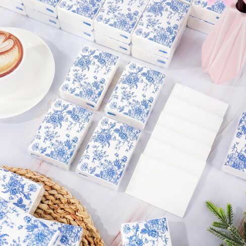 50 Bulk Blue Floral Tissue Packs Vintage Flower Mini Travel Size Facial Tissues Chinoiserie Flower Portable Pocket Tissue for Wedding Party Supplies in Saudi Arabia