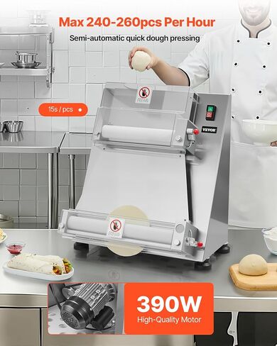 VEVOR Pizza Dough Roller Sheeter, 3-16 Inch Semi-automatic Stainless Steel Pizza Press, Commercial Electric 390W Pasta Maker Machine, 260 pcs Per Hour, Adjustable Thickness, with Dough Press Lid in Kuwait