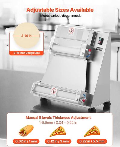 VEVOR Pizza Dough Roller Sheeter, 3-16 Inch Semi-automatic Stainless Steel Pizza Press, Commercial Electric 390W Pasta Maker Machine, 260 pcs Per Hour, Adjustable Thickness, with Dough Press Lid in Kuwait