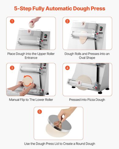 VEVOR Pizza Dough Roller Sheeter, 3-16 Inch Semi-automatic Stainless Steel Pizza Press, Commercial Electric 390W Pasta Maker Machine, 260 pcs Per Hour, Adjustable Thickness, with Dough Press Lid in Kuwait
