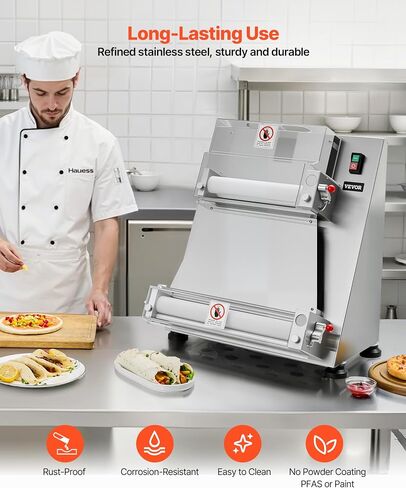 VEVOR Pizza Dough Roller Sheeter, 3-16 Inch Semi-automatic Stainless Steel Pizza Press, Commercial Electric 390W Pasta Maker Machine, 260 pcs Per Hour, Adjustable Thickness, with Dough Press Lid in Kuwait