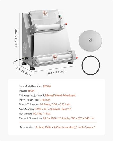 VEVOR Pizza Dough Roller Sheeter, 3-16 Inch Semi-automatic Stainless Steel Pizza Press, Commercial Electric 390W Pasta Maker Machine, 260 pcs Per Hour, Adjustable Thickness, with Dough Press Lid in Kuwait