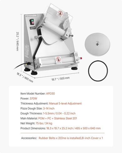 VEVOR Pizza Dough Roller Sheeter, 3-16 Inch Semi-automatic Stainless Steel Pizza Press, Commercial Electric 390W Pasta Maker Machine, 260 pcs Per Hour, Adjustable Thickness, with Dough Press Lid in Saudi Arabia