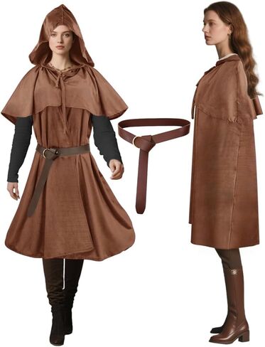 Renaissance Women Men Hooded Cape with Vintage Belt Medieval Cloak Hobbit Halloween Costume in Kuwait