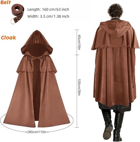 Renaissance Women Men Hooded Cape with Vintage Belt Medieval Cloak Hobbit Halloween Costume in Kuwait