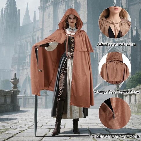 Renaissance Women Men Hooded Cape with Vintage Belt Medieval Cloak Hobbit Halloween Costume in Kuwait