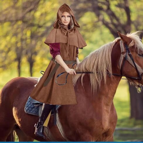 Renaissance Women Men Hooded Cape with Vintage Belt Medieval Cloak Hobbit Halloween Costume in Kuwait