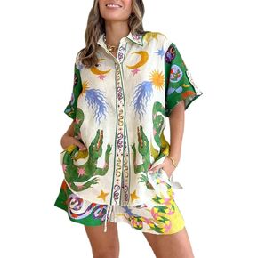 Wuitrie Women 2 Piece Outfits Summer Casual Boho Print Short Sleeve Button Down Shirt Elastic High Waist Short Set Beachwear in Kuwait