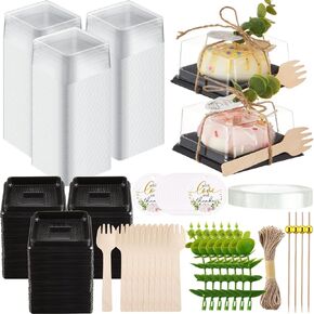 Honeydak Clear Cake Containers with Lids Wedding Cake Pans Cupcake Container Muffins Box Cocktail Picks Appetizer Thanks Tags Eucalyptus Leaves for Wedding Birthday Dessert Display (Black,50 Sets) in Kuwait