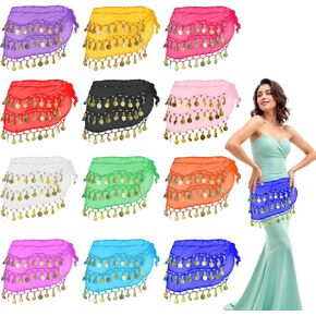 9 Pcs Belly Dance Hip Scarf, Belly Dance Skirt Sequin Tassel Skirt Wrap Sparkly Tinsel Fringe Skirts with Sequins and 128 Gold Coins Performance Costume for Women in Kuwait