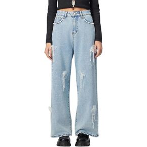 Baggy Jean for Women High Waist Wide Leg Cute Soft Denim Pant Solid Color Fashion Comfy Stretchy Fall Pearl Clothes in Kuwait