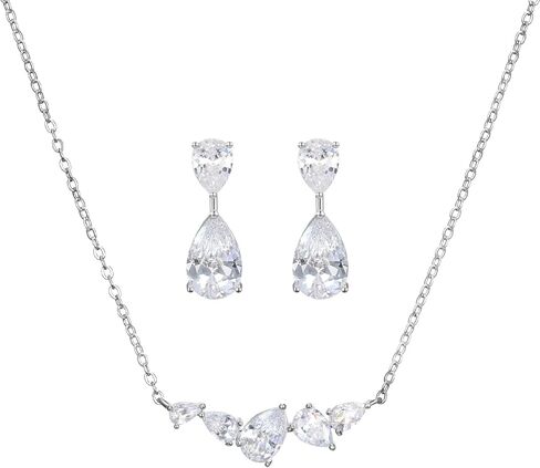 SWEETV Teardrop Bridal Jewelry Set for Wedding, Silver Cubic Zirconia Backdrop Necklace Earrings Set for Bridal Bridemaid, Marquise Jewelry Set for Women Prom Costume Wedding in Saudi Arabia