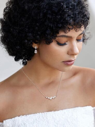 SWEETV Teardrop Bridal Jewelry Set for Wedding, Silver Cubic Zirconia Backdrop Necklace Earrings Set for Bridal Bridemaid, Marquise Jewelry Set for Women Prom Costume Wedding in Saudi Arabia