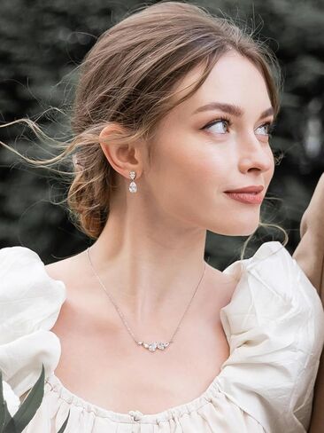 SWEETV Teardrop Bridal Jewelry Set for Wedding, Silver Cubic Zirconia Backdrop Necklace Earrings Set for Bridal Bridemaid, Marquise Jewelry Set for Women Prom Costume Wedding in Saudi Arabia