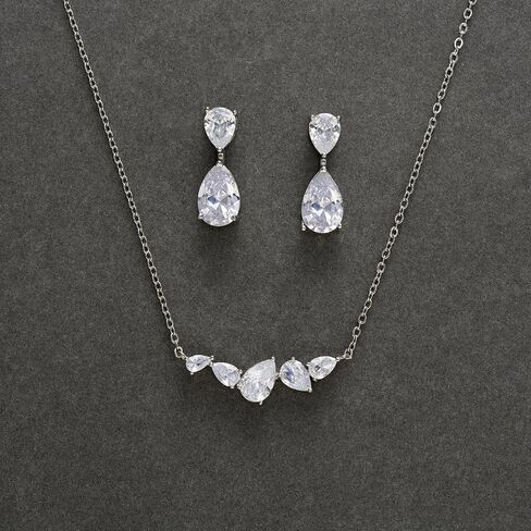 SWEETV Teardrop Bridal Jewelry Set for Wedding, Silver Cubic Zirconia Backdrop Necklace Earrings Set for Bridal Bridemaid, Marquise Jewelry Set for Women Prom Costume Wedding in Saudi Arabia