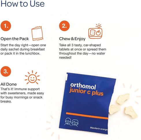 Orthomol Immun Junior C Plus، فيتامينات متعددة للأطفال، نكهة اليوسفي، 30 قطعة (عبوة من قطعة واحدة) in Kuwait