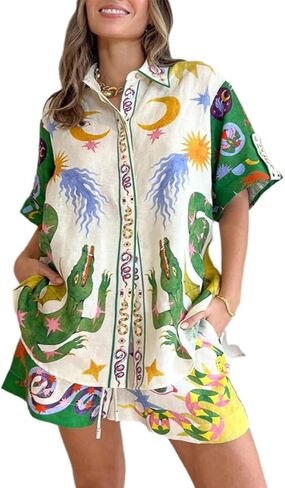 Wuitrie Women 2 Piece Outfits Summer Casual Boho Print Short Sleeve Button Down Shirt Elastic High Waist Short Set Beachwear in Kuwait