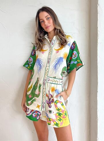 Wuitrie Women 2 Piece Outfits Summer Casual Boho Print Short Sleeve Button Down Shirt Elastic High Waist Short Set Beachwear in Kuwait