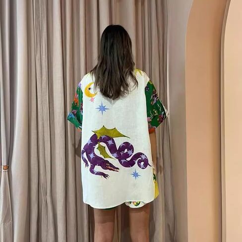 Wuitrie Women 2 Piece Outfits Summer Casual Boho Print Short Sleeve Button Down Shirt Elastic High Waist Short Set Beachwear in Kuwait