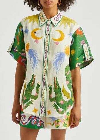 Wuitrie Women 2 Piece Outfits Summer Casual Boho Print Short Sleeve Button Down Shirt Elastic High Waist Short Set Beachwear in Kuwait