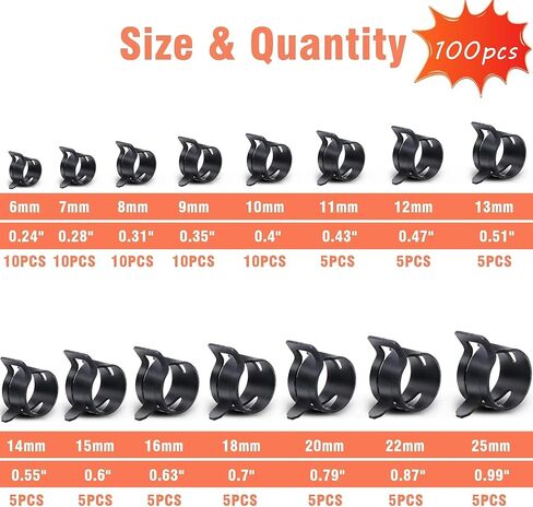 100Pcs 6-25mm Spring Band Hose Clamp Assortment Kit with Pliers Vacuum Hose Water Pipe Clamp in Kuwait