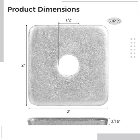Yeesport Galvanized Square Washers Plate 50 PCs ، Fool Carbon Gathers Plater Fortener ، 50mm × 50 مم ، سمك 3/16 بوصة ، ملاءمة بدقة مع قطر داخلي 13 مم in Kuwait