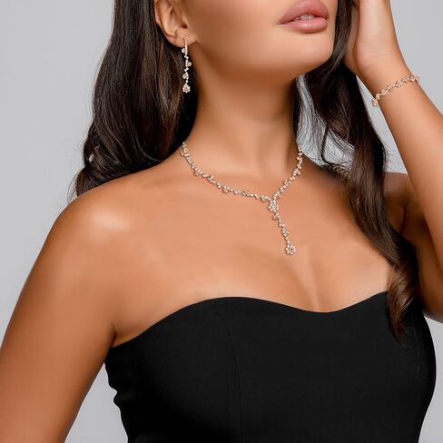 Crysdue Rhinestone Wedding Jewelry Set for Brides Bridesmaid, Sparkle Crystal Earrings Statement Necklace Bracelet Party Prom Jewellery for Women Light Blue Gold-Tone in Kuwait