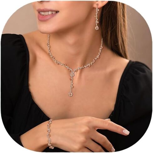 Crysdue Rhinestone Wedding Jewelry Set for Brides Bridesmaid, Sparkle Crystal Earrings Statement Necklace Bracelet Party Prom Jewellery for Women Light Blue Gold-Tone in Kuwait