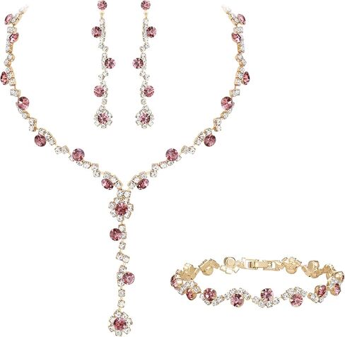 Crysdue Rhinestone Wedding Jewelry Set for Brides Bridesmaid, Sparkle Crystal Earrings Statement Necklace Bracelet Party Prom Jewellery for Women Light Blue Gold-Tone in Kuwait