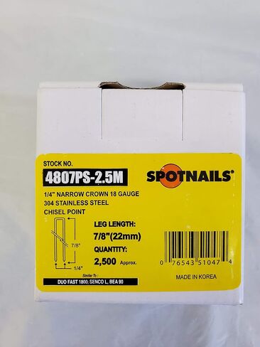 Spotnails 4807PS STAINLESS STEEL 7/8" 18 Gauge Narrow Crown Staples -2,500/box in Saudi Arabia