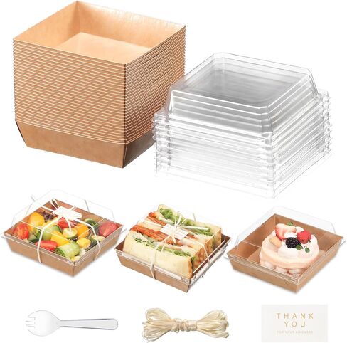 50pcs smal Charcuterie Boxes with Clear Lids - Disposable Food Containers for Desserts,Boxes for Sandwich, Cake Slice Packaging, Fruit,Salad,Perfect for Bakery Treats,(Brown, 5.3 * 4.9 * 2.5 in) in Saudi Arabia