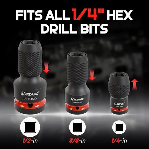 EZARC 4 Pcs Impact to 1/4 Hex Converter, 1/2 3/8 1/4-Inch Square Drive Sockets to 1/4-Inch Hex Adapter, Impact Wrench Adapters for Ratchet Wrench Drivers, Impact Bit Holders, Quick-Change Chuck in Saudi Arabia