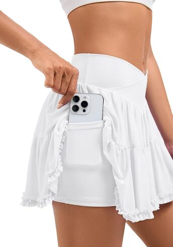 Flowy Tennis Skirt Athletic Skort with Shorts and Pockets Crossover Waist Mini Ruffle Skirts in Saudi Arabia