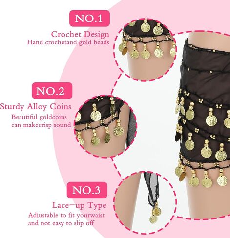 9 Pcs Belly Dance Hip Scarf, Belly Dance Skirt Sequin Tassel Skirt Wrap Sparkly Tinsel Fringe Skirts with Sequins and 128 Gold Coins Performance Costume for Women in Saudi Arabia