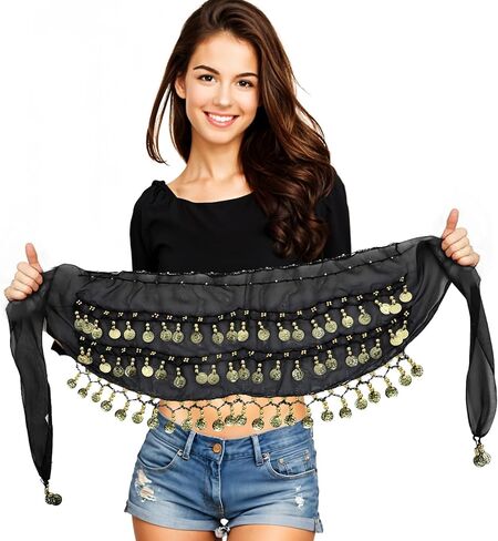 9 Pcs Belly Dance Hip Scarf, Belly Dance Skirt Sequin Tassel Skirt Wrap Sparkly Tinsel Fringe Skirts with Sequins and 128 Gold Coins Performance Costume for Women in Saudi Arabia