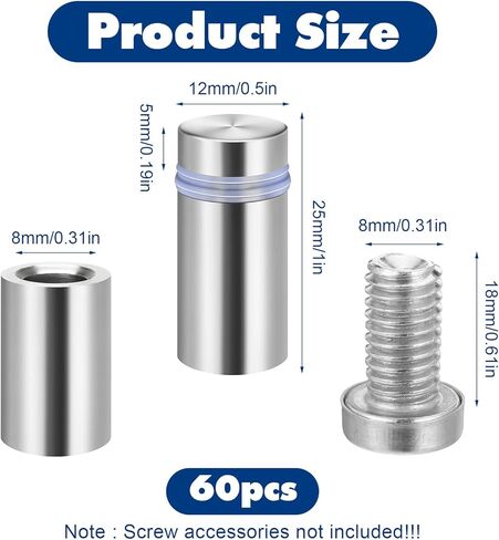 60 Pcs Sign Standoff Screws, Advertising Screws Stainless Steel Wall Standoff Mounts Glass Acrylic Nail for Glass Artwork and Sign Displays, Stainless Steel Sign Mounting Bracket (1/2 x 1 Inch) in Kuwait