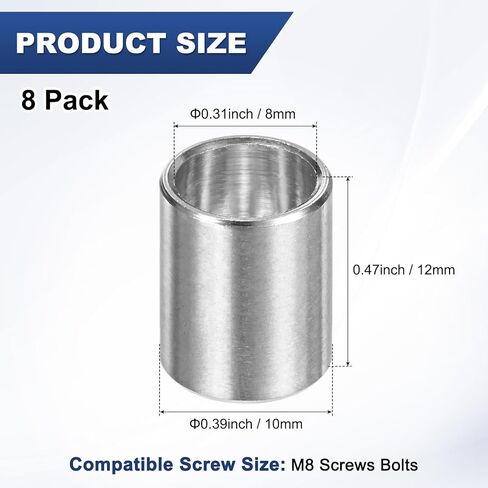 8pcs M8 304 فواصل من الفولاذ المقاوم للصدأ 8 مم معرف × 10 مم OD x 12mm L المعدني المسمار المسمار البطيرة اللامباني. in Kuwait