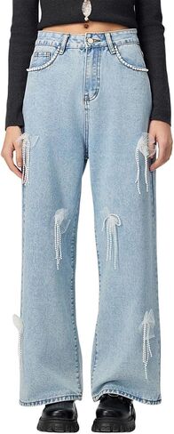Baggy Jean for Women High Waist Wide Leg Cute Soft Denim Pant Solid Color Fashion Comfy Stretchy Fall Pearl Clothes in Saudi Arabia
