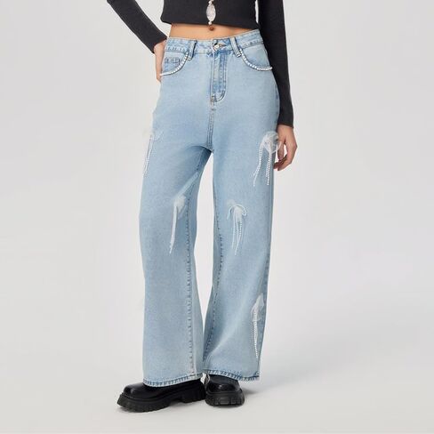 Baggy Jean for Women High Waist Wide Leg Cute Soft Denim Pant Solid Color Fashion Comfy Stretchy Fall Pearl Clothes in Saudi Arabia