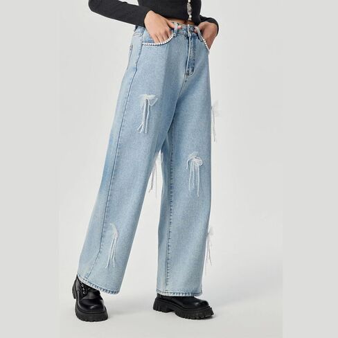 Baggy Jean for Women High Waist Wide Leg Cute Soft Denim Pant Solid Color Fashion Comfy Stretchy Fall Pearl Clothes in Saudi Arabia