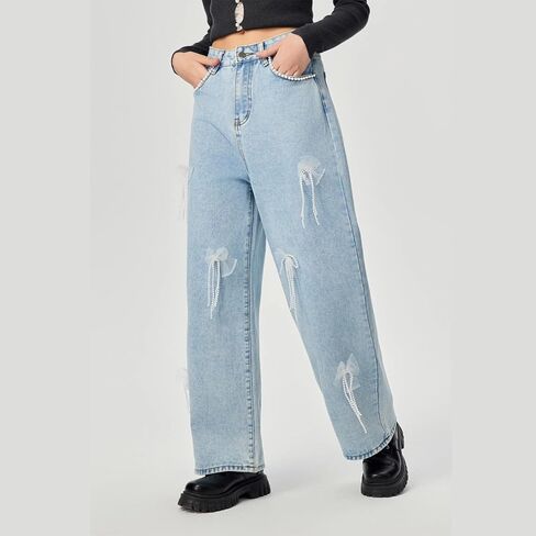 Baggy Jean for Women High Waist Wide Leg Cute Soft Denim Pant Solid Color Fashion Comfy Stretchy Fall Pearl Clothes in Saudi Arabia