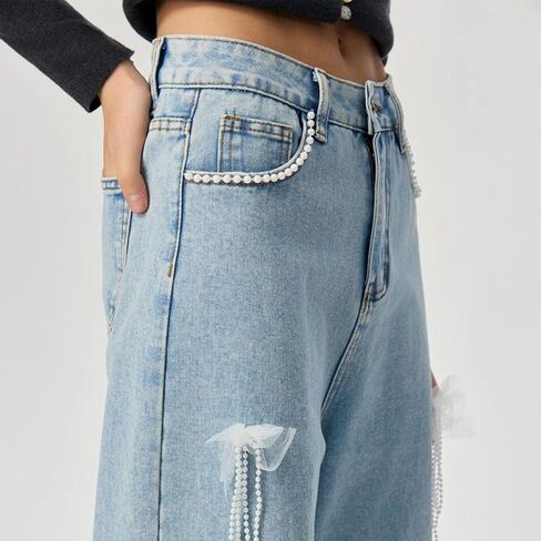 Baggy Jean for Women High Waist Wide Leg Cute Soft Denim Pant Solid Color Fashion Comfy Stretchy Fall Pearl Clothes in Saudi Arabia