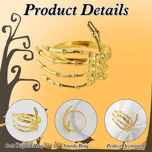 Halloween Napkin Rings, Gold Napkin Rings Set of 10, Golden Alloy Skeleton Claw Holders, Ghost Hand Napkins Buckle Ornaments for Halloween Home Birthday Bar Costume Party Dinner Table Decorations in Saudi Arabia